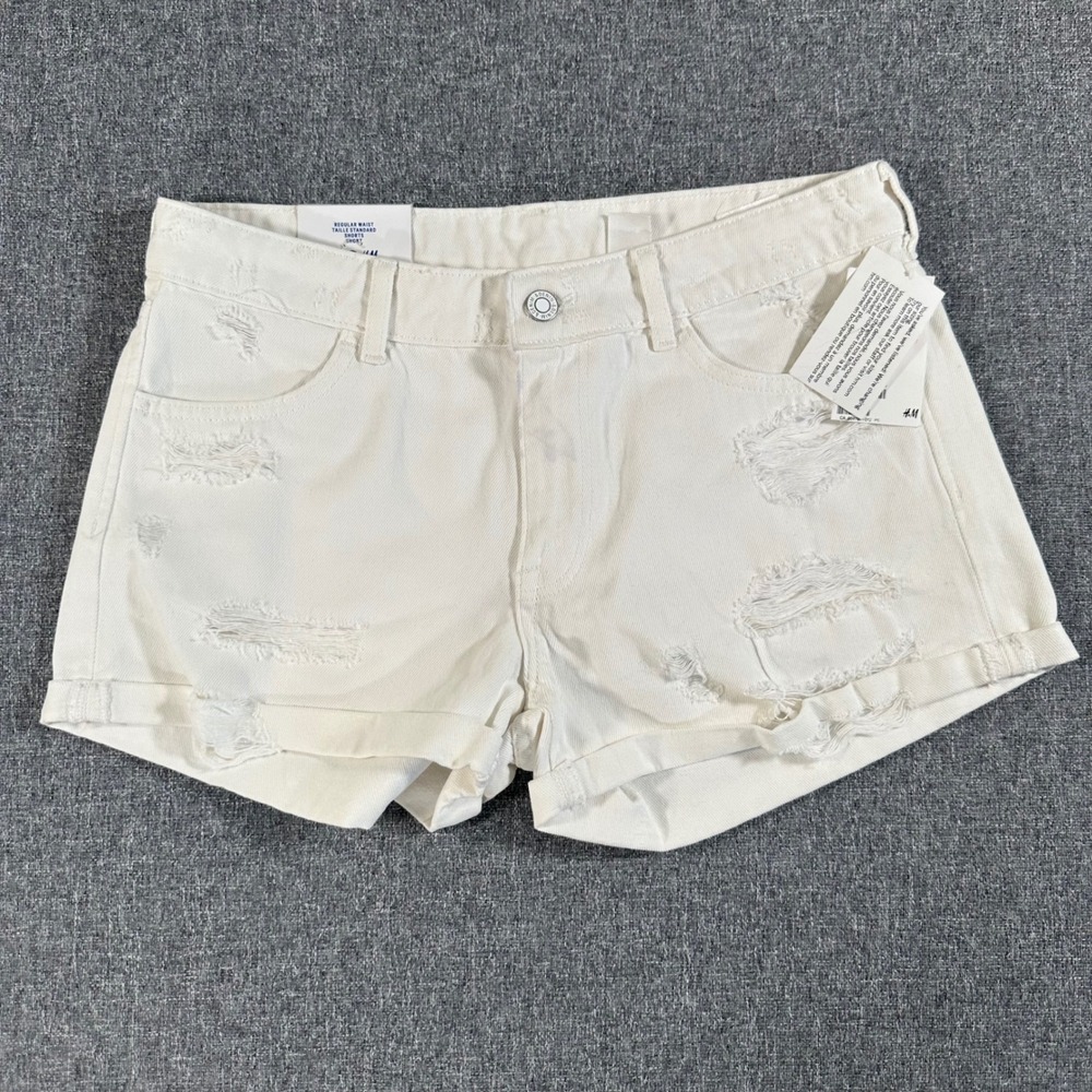 H&M Women White Distressed Denim Shorts Size 6 Regular Waist Jean Short Y2K Boho
